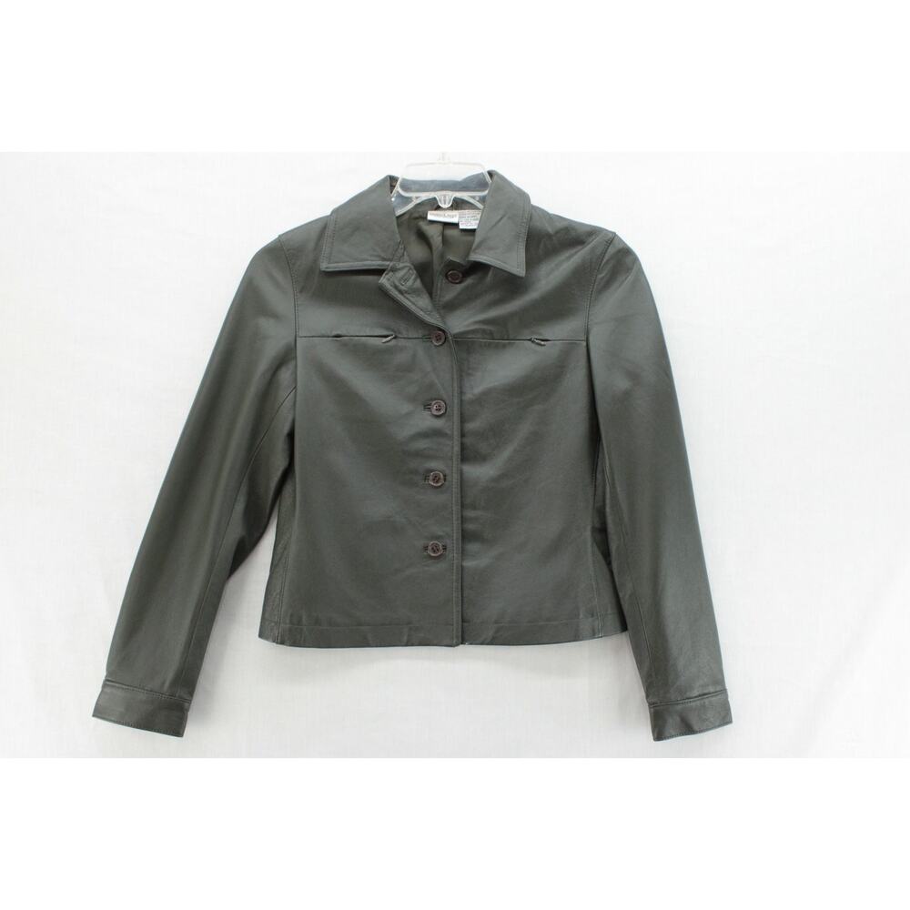 NEW  Newport News Soft Leather 2 Piece Pant Suit Womens Sz 4 Gray Green Biker - Picture 2 of 16